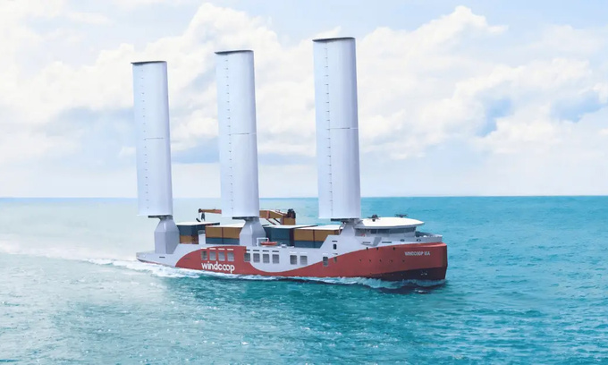 Tàu container chạy bằng sức gió có thể tự động bốc dỡ hàng hóa bằng hệ thống cần cẩu tích hợp. Ảnh: RMK Marine/LinkedI