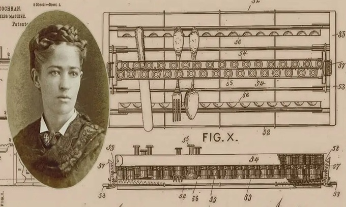 Josephine Garis Cochran và bản vẽ máy rửa bát của bà. Ảnh: Wednesday Women