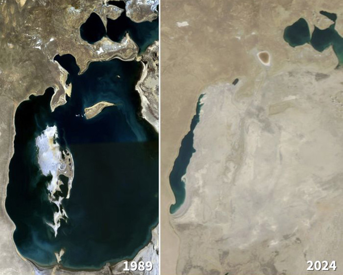 Ảnh vệ tinh của Biển Aral năm 1989 và năm 2024. Ảnh: NASA