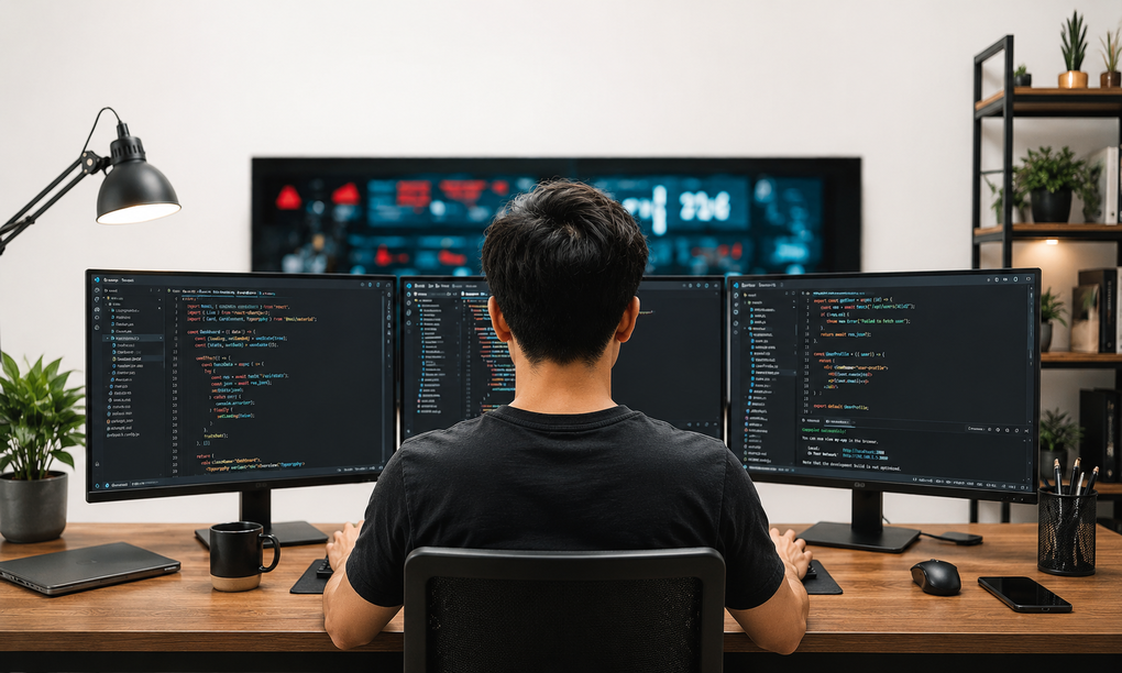 Minh họa một lập trình viên trước màn hình máy tính. Ảnh: ChatGPT